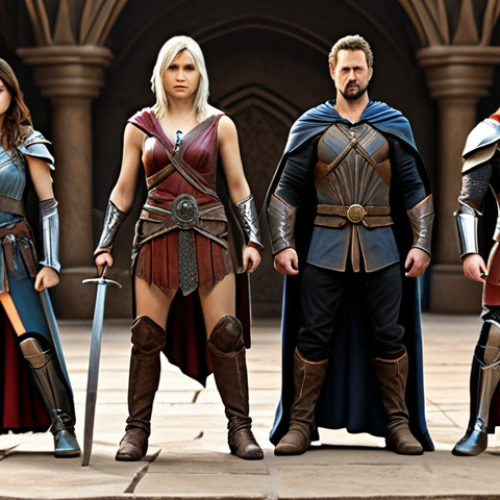 Home 15 **A group of heroic characters standing together, ready for battle. Focus on Eileen, Rudy, Chris, and Rachel. Fantasy art style.**