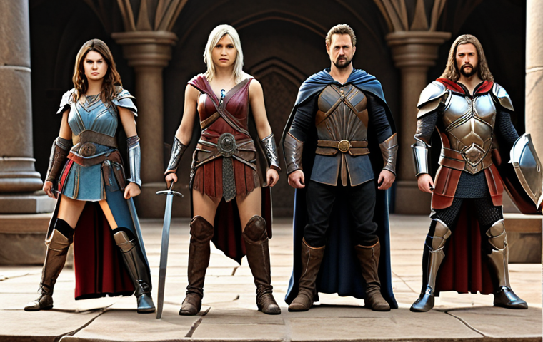 **A group of heroic characters standing together, ready for battle. Focus on Eileen, Rudy, Chris, and Rachel. Fantasy art style.**
